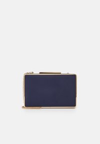 Navy rectangular clutch with a smooth finish, gold hardware, and a chain strap. Features a clasp closure and minimalistic design.