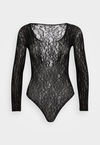 Body in pizzo nero a maniche lunghe, con un design floreale, scollatura a barchetta e taglio a perizoma. Tessuto semitrasparente.