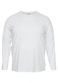 Weißes Langarm-T-Shirt aus Baumwolle. Verfügt über einen Rundhalsausschnitt und einen lässigen Schnitt mit geradem Saum sowie ohne sichtbare Muster oder Akzente.