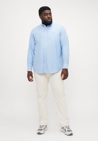 Camicia azzurra a maniche lunghe con bottoni in un morbido misto cotone, abbinata a pantaloni color crema e sneakers grigie. Design semplice con accenti minimi.