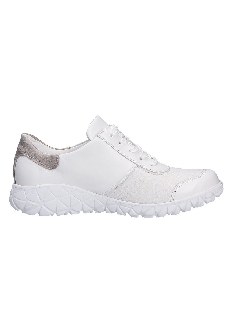 Weiße Sneaker mit einem Obermaterial aus glattem Leder, texturiertem Seitenpanel und einem Akzent aus hellgrauem Wildleder. Verfügt über eine gepolsterte Sohle mit geometrischem Profil.