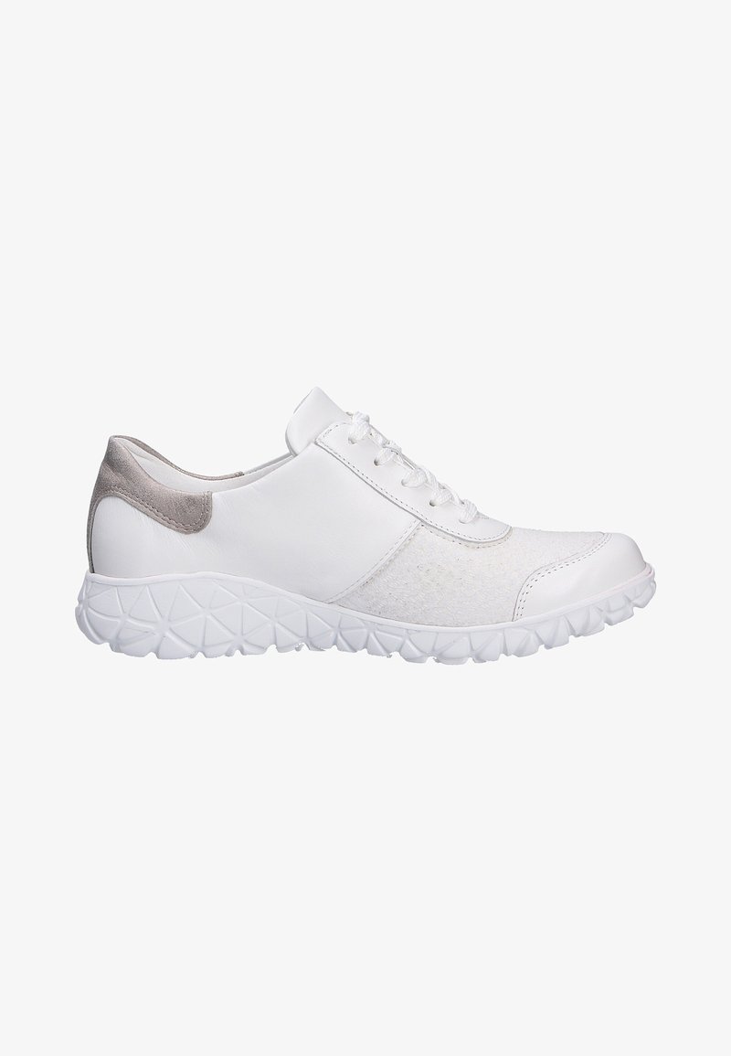 White sneaker with a smooth leather upper, textured side panel, and light gray suede accent. Features a cushioned sole with a geometric tread.