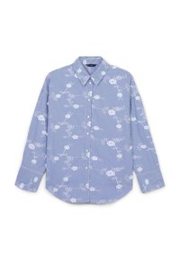 Camicia a righe blu e bianche con motivo floreale, abbottonatura frontale, colletto e maniche lunghe. Il tessuto appare liscio e con una leggera lucentezza.