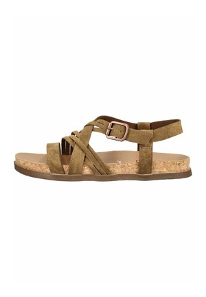 Brązowy płaski sandał ze skóry zamszowej z korkową podeszwą środkową, krzyżującymi się paskami, regulowaną klamrą i otwartym noskiem.