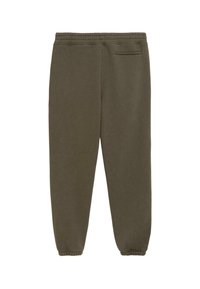 Olijfgroene sweatpants van zachte stof, met een elastische tailleband, taps toelopende boorden en een enkele achterzak.