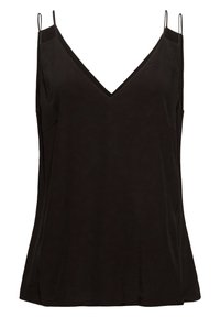 Top senza maniche nero con scollatura a V, caratterizzato da spalline sottili e una texture liscia. Vestibilità ampia con orlo leggermente svasato.