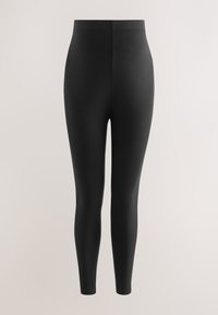 Schwarze, hoch taillierte Leggings in voller Länge, von vorne vor einem hellen Hintergrund dargestellt.