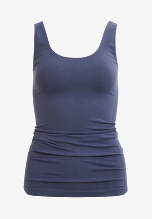 Débardeur ajusté bleu marine sans manches avec un col en U et un détail de tissu froncé autour de la taille.