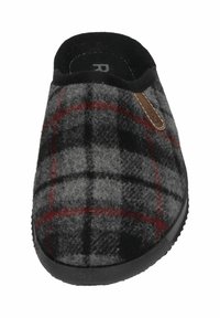 Gray plaid slipper with black and red patterns, soft felt material, rounded toe, black rubber sole, and a brown leather accent near the opening.
