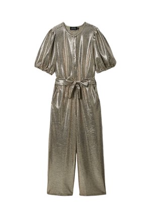Combinaison argent métallisé avec manches bouffantes, boutons devant, encolure ronde et ceinture nouée à la taille, avec une finition en tissu texturé.