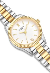Orologio bicolore argento e oro con quadrante rotondo bianco, indici delle ore dorati e lunetta dorata texturizzata; presenta un bracciale in metallo a motivo.