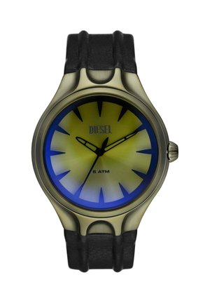 Round Diesel wristwatch with yellow and blue dial, black hour markers and hands, black leather strap, and "5 ATM" water resistance label.