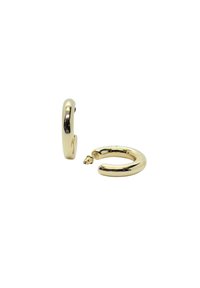 Pendientes de aro dorados con un acabado suave y brillante. Diseño redondeado que presenta un cierre de abertura y un perfil grueso, destacando su simple elegancia.