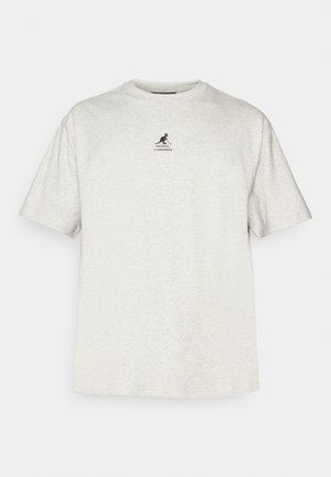 Light gray short-sleeved cotton t-shirt with a round neckline and a small black logo featuring a kangaroo on the chest.