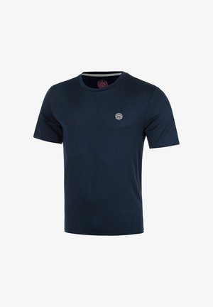 T-shirt bleu marine à manches courtes et col rond avec un petit logo blanc circulaire sur le côté gauche de la poitrine.