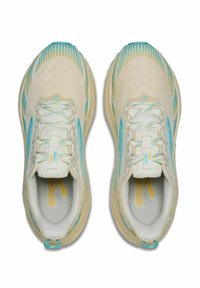 Pár béžových a světle modrých běžeckých bot s síťovaným svrškem, tkaničkami a polstrovanou podrážkou viděný shora.