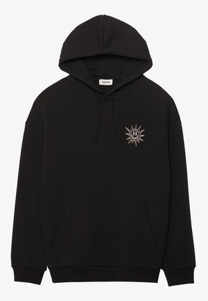 Black hooded sweatshirt made of cotton, featuring a front pocket, ribbed cuffs, and a sun design with a smiling face on the left chest.