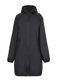 Giacca nera con cappuccio, zip completa, polsini elasticizzati, due tasche frontali e design a vestibilità ampia. Tessuto liscio e materiale leggero.