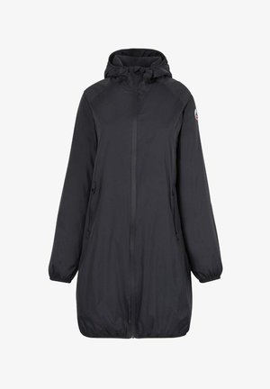 Veste noire à capuche avec fermeture éclair complète, poignets élastiques, deux poches avant, et coupe ample. Texture lisse et matériau léger.