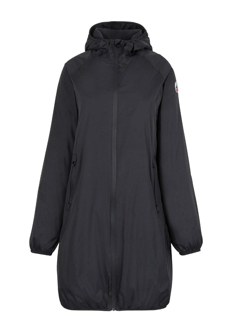 Giacca nera con cappuccio, zip completa, polsini elasticizzati, due tasche frontali e design a vestibilità ampia. Tessuto liscio e materiale leggero.