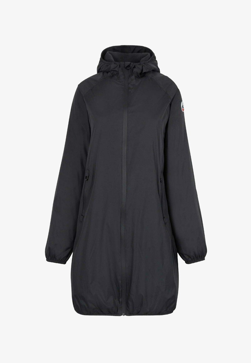 Giacca nera con cappuccio, zip completa, polsini elasticizzati, due tasche frontali e design a vestibilità ampia. Tessuto liscio e materiale leggero.