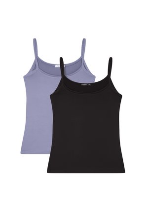 Due top: uno lavanda e uno nero. Entrambi sono realizzati in tessuto morbido con spalline sottili e uno stile aderente. Texture liscia, minimalismo nei dettagli.