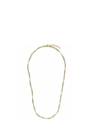 Delicate ketting met verflochten gouden ketting en kleine witte kraaltjes, met een karabijnsluiting en verstelbare verlengketting.