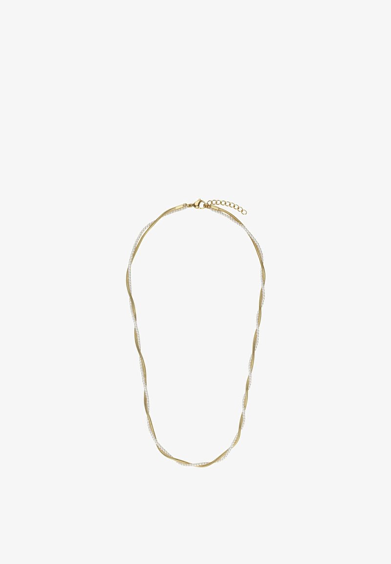Delicate ketting met verflochten gouden ketting en kleine witte kraaltjes, met een karabijnsluiting en verstelbare verlengketting.