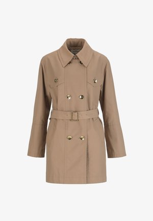 Beige trenchcoat met ceintuur, dubbelbreasted ontwerp, grote knopen en twee voorzakken. Gelijke textuur en klassieke kraag.