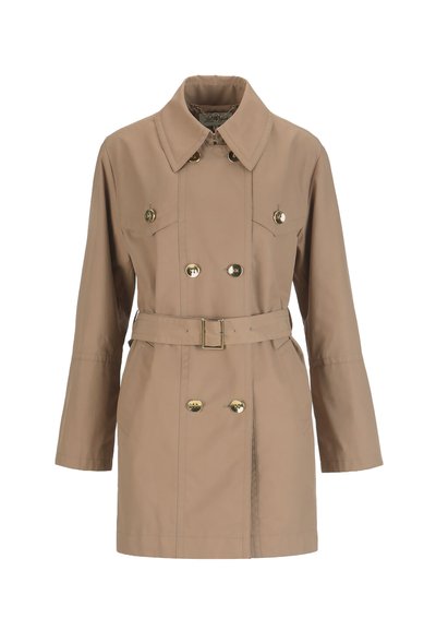 Beige trench coat with a belt, double-breasted design, large buttons, and two front pockets. Smooth texture and classic collar.
