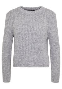 Pull en maille grise avec texture côtelée, encolure ronde et manches longues. Présente une coupe courte avec un tissu doux et confortable.