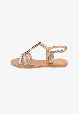 Sandali metallici bronzo con cinturini dalla texture a rettile, punta chiusa e suola piatta. Chiusura con fibbia alla caviglia e sottopiede color cuoio.