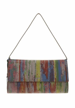 Petit sac à main rectangulaire avec des rayures verticales multicolores, une fine bandoulière, une fermeture à rabat et une texture métallique subtile.