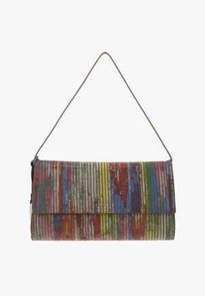 Petit sac à main rectangulaire avec des rayures verticales multicolores, une fine bandoulière, une fermeture à rabat et une texture métallique subtile.