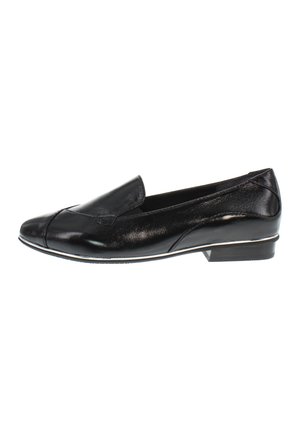 Black leather slip-on shoe with low heel, rounded toe, and subtle stitching details along the upper and sole edge.