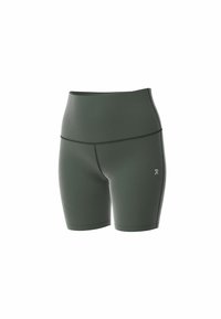 Hooggewaisted groene sportshorts gemaakt van rekbare stof, met een gladde textuur en een klein logo op de rechteronderkant van het been.