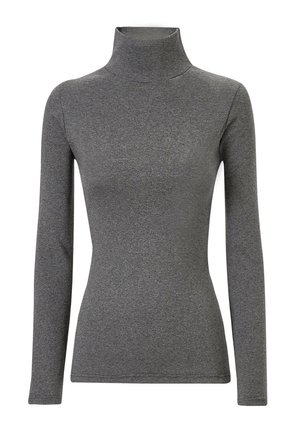 Top grigio a maniche lunghe con colletto a imbuto realizzato in tessuto morbido e elasticizzato. Design aderente con spalle senza cuciture e una texture liscia. Senza motivi o dettagli.
