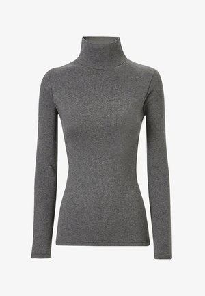 Top grigio a maniche lunghe con colletto a imbuto realizzato in tessuto morbido e elasticizzato. Design aderente con spalle senza cuciture e una texture liscia. Senza motivi o dettagli.