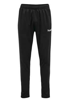 Schwarze Sporthose mit elastischem Bund, zulaufenden Beinen und weißem "hummel"-Logo am oberen rechten Oberschenkel.