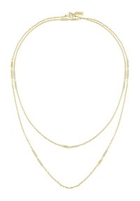 Gelaagde gouden ketting met twee delicate kettingen en rechthoekige accenten, sommige versierd met kleine heldere edelstenen; sluithardware zichtbaar.