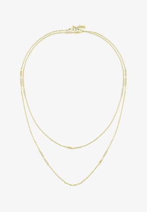Gold-plattierte Halskette mit zwei zarten Ketten und rechteckigen Akzenten, einige verziert mit kleinen klaren Edelsteinen; Verschlusshardware sichtbar.