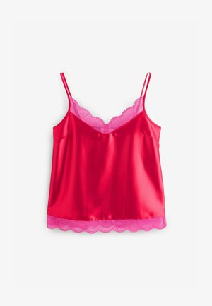 Camisola rossa in satin con spalline regolabili, caratterizzata da un colletto in pizzo rosa e orlo scallop. Tessuto leggero e liscio.
