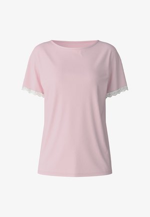 Lichtroze t-shirt met korte mouwen van katoen, met een ronde hals en witte kanten rand aan de mouwen. Zachte textuur en een relaxte pasvorm.