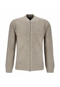 Light brown ribbed knit sweater with a zip closure and round neckline. Features long sleeves and a textured pattern throughout.