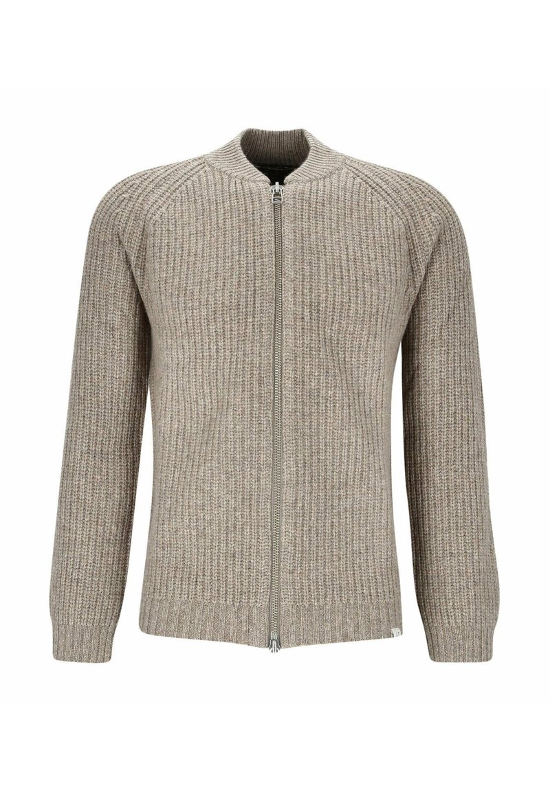 Light brown ribbed knit sweater with a zip closure and round neckline. Features long sleeves and a textured pattern throughout.