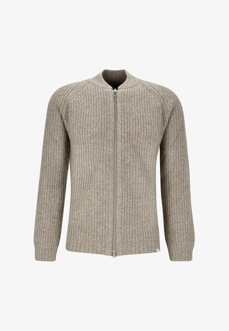 Light brown ribbed knit sweater with a zip closure and round neckline. Features long sleeves and a textured pattern throughout.