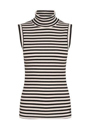 Svart och vit randig ärmlös polokrage topp i ribbat tyg, med hög krage och en figurnära design.