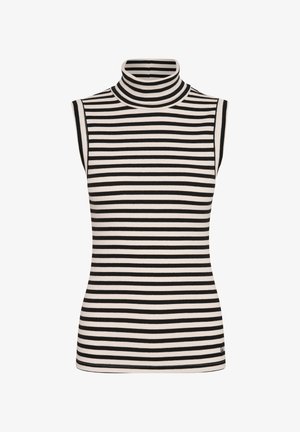 Black and white striped sleeveless turtleneck top in ribbed fabric, featuring a high neckline and a slim fit design.