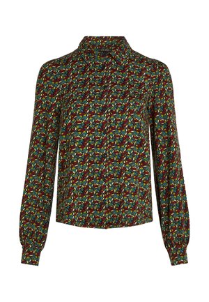 Langärmliges Hemd mit einem bunten Blumenmuster auf dunkelrotem Hintergrund, mit einem kragenförmigen Ausschnitt und gerafften Manschetten.