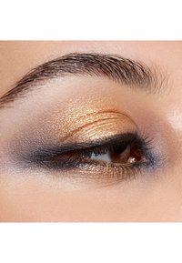 Close-up of a horizontal eye with gold and black eyeshadow, defined lashes, and a smooth brow. Skin is light with a subtle sheen.